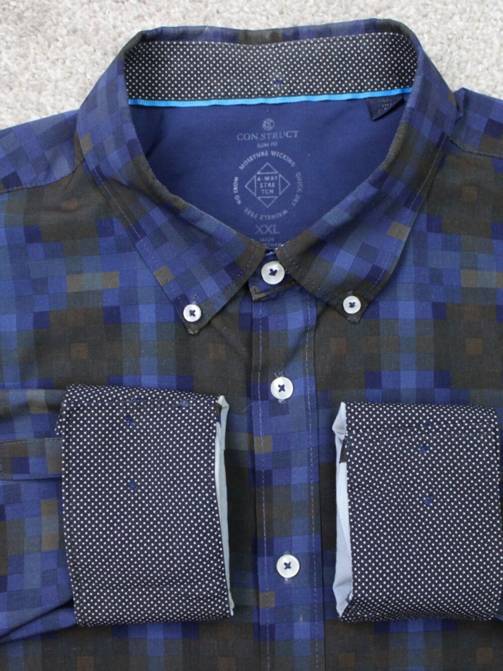 Construct Shirt Mens 2XL XXL Blue No Iron 4-Way Stretch Flip Cuff Long Sleeve